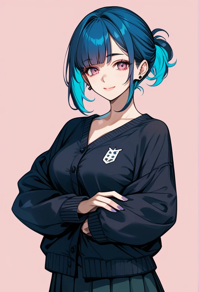 mature woman, mature face, pink eyes, shy expression, gentle smile, glossy lips, ponytail hair, short ponytail, (blue hair color, pink gradient hair color, azure color hair), long left bang hairstyle, emo bangs hairstyle, mature body, dark blue cardigan, short skirt, navy color skirt, pantyhose