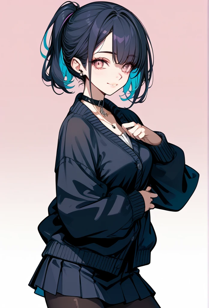 mature woman, mature face, pink eyes, shy expression, gentle smile, glossy lips, ponytail hair, short ponytail, (blue hair color, pink gradient hair color, azure color hair), long left bang hairstyle, emo bangs hairstyle, mature body, dark blue cardigan, short skirt, navy color skirt, pantyhose
