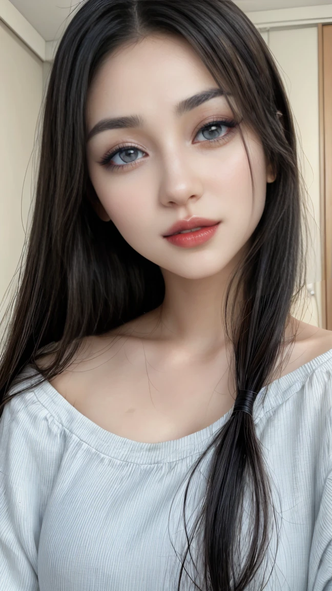 professional portrait of Ayu Putri, a 22-year-old Indonesian woman with a unique blend of Japanese and Indonesian features. Her face is characterized by a smooth, fair complexion, often described as the dream skin of many Asian girls. Ayu's flawless, porcelain skin has a radiant glow, capturing the essence of Japanese beauty standards. Her almond-shaped eyes are slightly upturned and framed by long, thick eyelashes, accentuating her expressive gaze. She has naturally arched eyebrows, a delicate, slightly pointed nose, and full, rosy lips that form a warm, inviting smile. Her silky black hair is straight and neatly styled to perfectly frame her face.