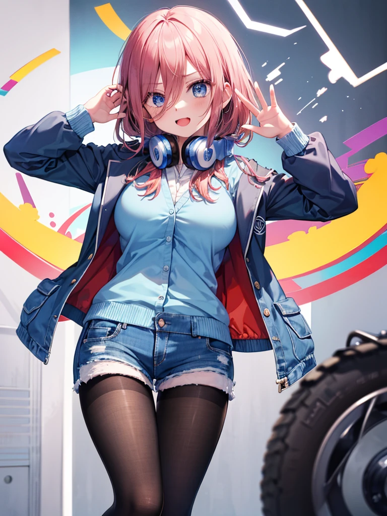 (8K, Highest quality, Highest quality, masterpiece), angry, :t, kawaii, cute, (denim hot shorts), (mini shorts), big breasts, nm1, headphones around neck, long sleeves, blue cardigan, pantyhose, (fullbody), smile, school uniform, open jacket