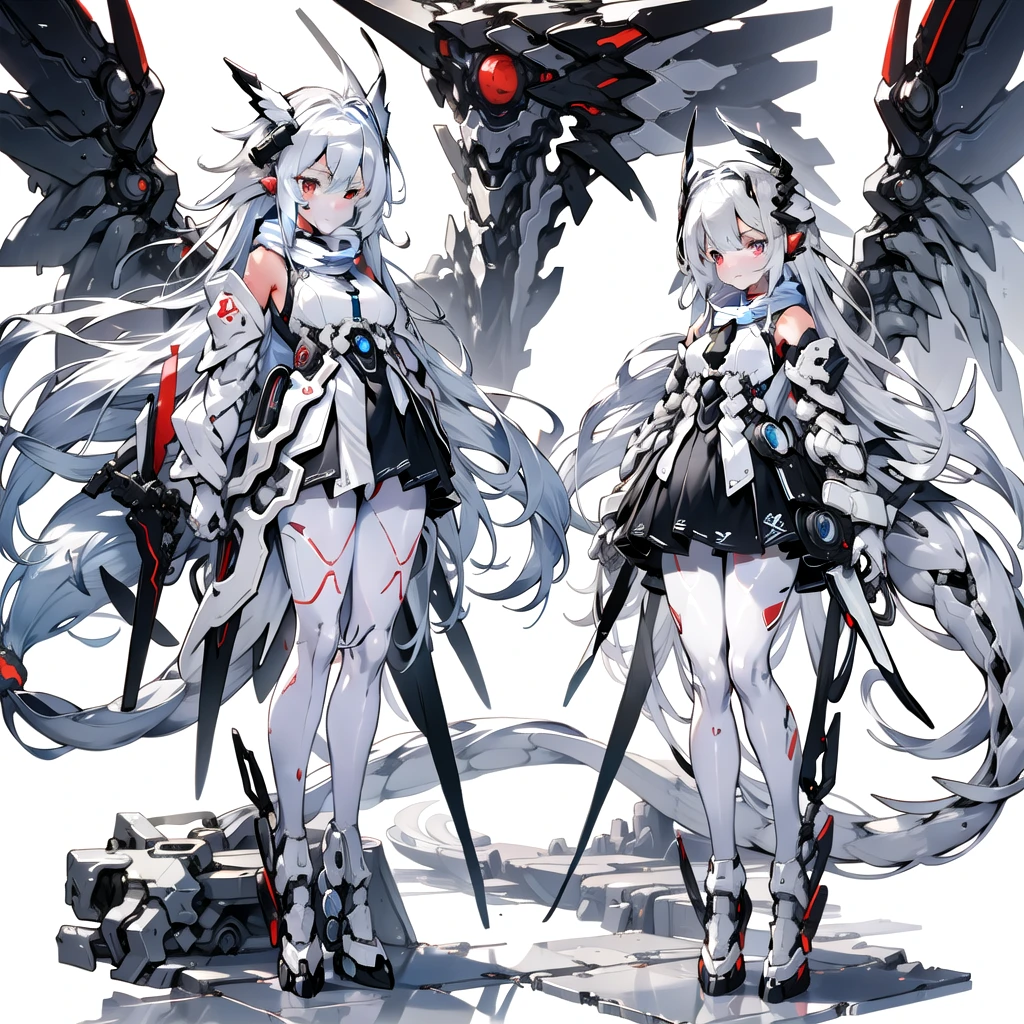 masterpiece, highest quality, highest resolution, clear_image, detailed details, White hair, long hair, cat ears, 1 girl, red eyes, white pantyhose, sci-fi military clothing, white scarf (white scarf around the neck with a light blue glow), gray futuristic halo (gray halo over the head), white wings (4 wings), cute, fulld body, no water marks, outer space