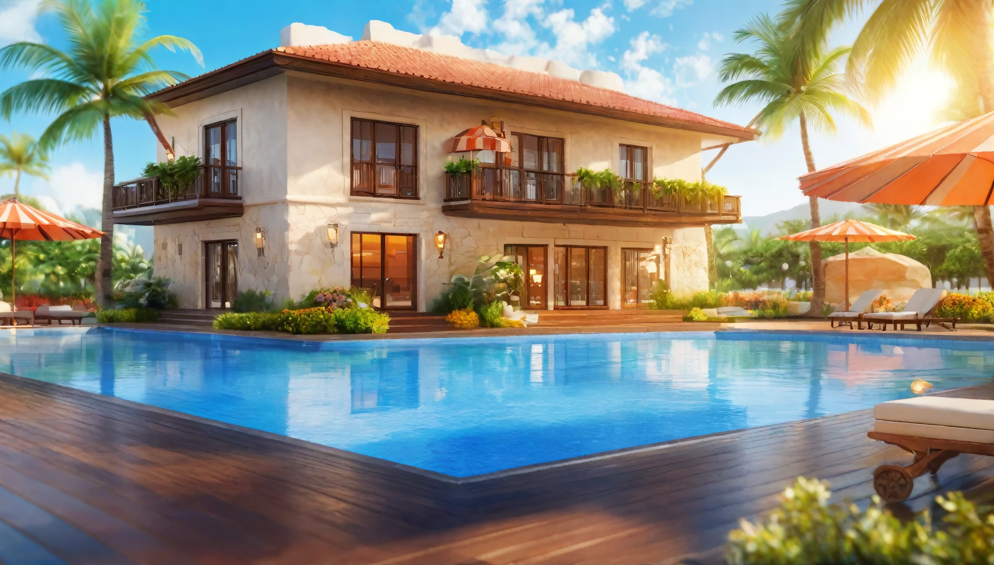 Resort hotels,Pool,Summer sky,noon,Blur the background,Glitter effect,Highest quality, 8K, High resolution, masterpiece:1.2, Very detailed, Realistic:1.37, High resolution, 超High resolution, Ultra-fine painting, Very detailed, Professional, Vibrant colors