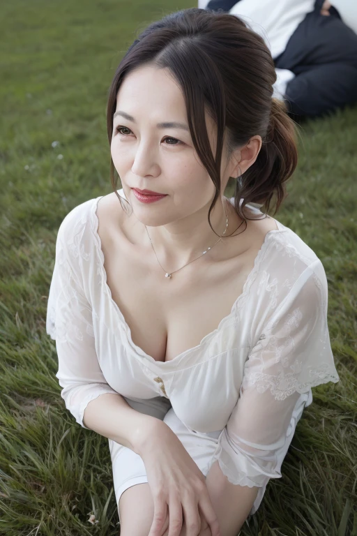 Beautiful mature 55 year old Japanese woman, Married women, Fine Lines, Long eyelashes, Shining Eyes, Low Ponytail, Red lipstick, elegant, Gorgeous figure, Pearl Necklace, Satin Camisole Nightdress, Cleavage, Lying on the green grass, (Highest quality,4K,8K,High resolution,masterpiece:1.2),Very detailed,(Realistic,photoRealistic,photo-Realistic:1.37),High resolution,超High resolution,Studio Lighting,Ultra-fine painting,Sharp focus,Physically Based Rendering,Very detailed説明,Professional,Vibrant colors,Bokeh,Portraiture