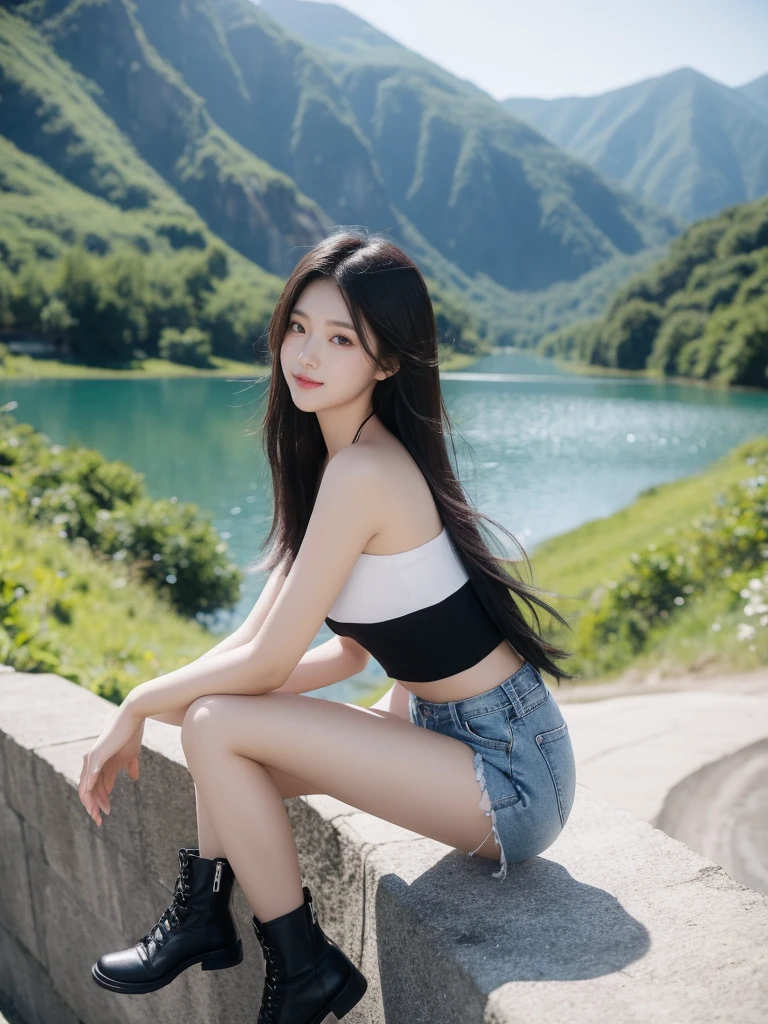 generate me an image of jisoo from blackpink with a beautiful landscape