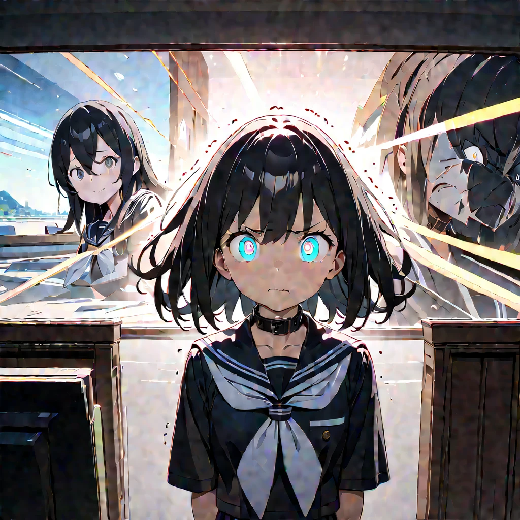 sole girl, sailor uniform, in private study room, trembling, wearing black collar, teary gray eyes, detailed background, detailed arms, tsundere face, long black hair, shiny skin, high resolution, (symmetrical clear eyes:1.2), sense of depth, 4k, best quality, masterpiece, detailed illustration, destructive art, (ray tracing, Illustrated, reflected light)