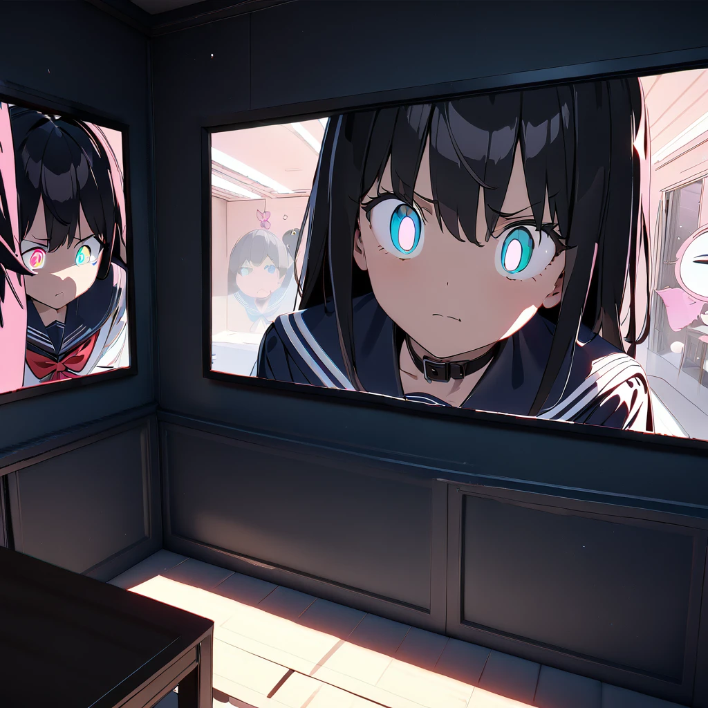 sole girl, sailor uniform, in private study room, trembling, wearing black collar, teary gray eyes, detailed background, detailed arms, tsundere face, long black hair, shiny skin, high resolution, (symmetrical clear eyes:1.2), sense of depth, 4k, best quality, masterpiece, detailed illustration, destructive art, (ray tracing, Illustrated, reflected light)