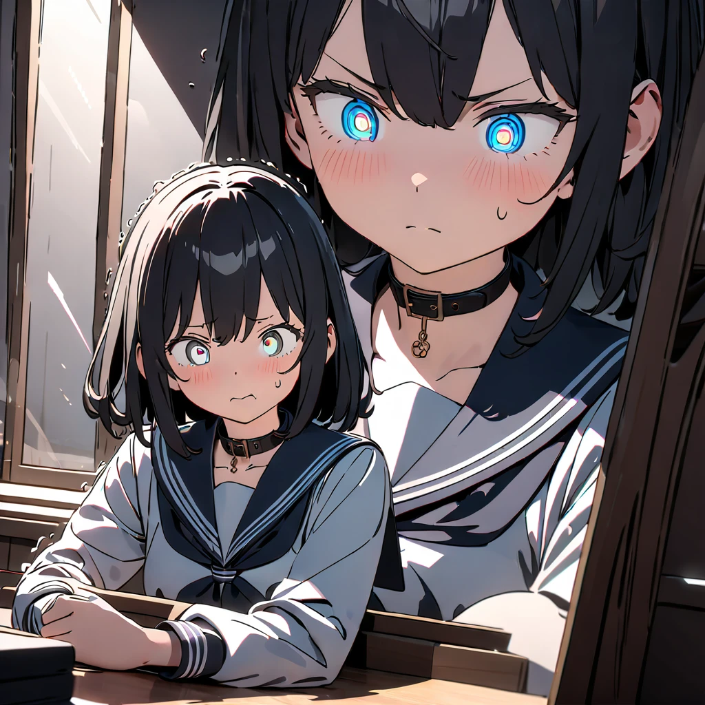 sole girl, sailor uniform, in private study room, trembling, wearing black collar, teary gray eyes, detailed background, detailed arms, tsundere face, long black hair, shiny skin, high resolution, (symmetrical clear eyes:1.2), sense of depth, 4k, best quality, masterpiece, detailed illustration, destructive art, (ray tracing, Illustrated, reflected light)