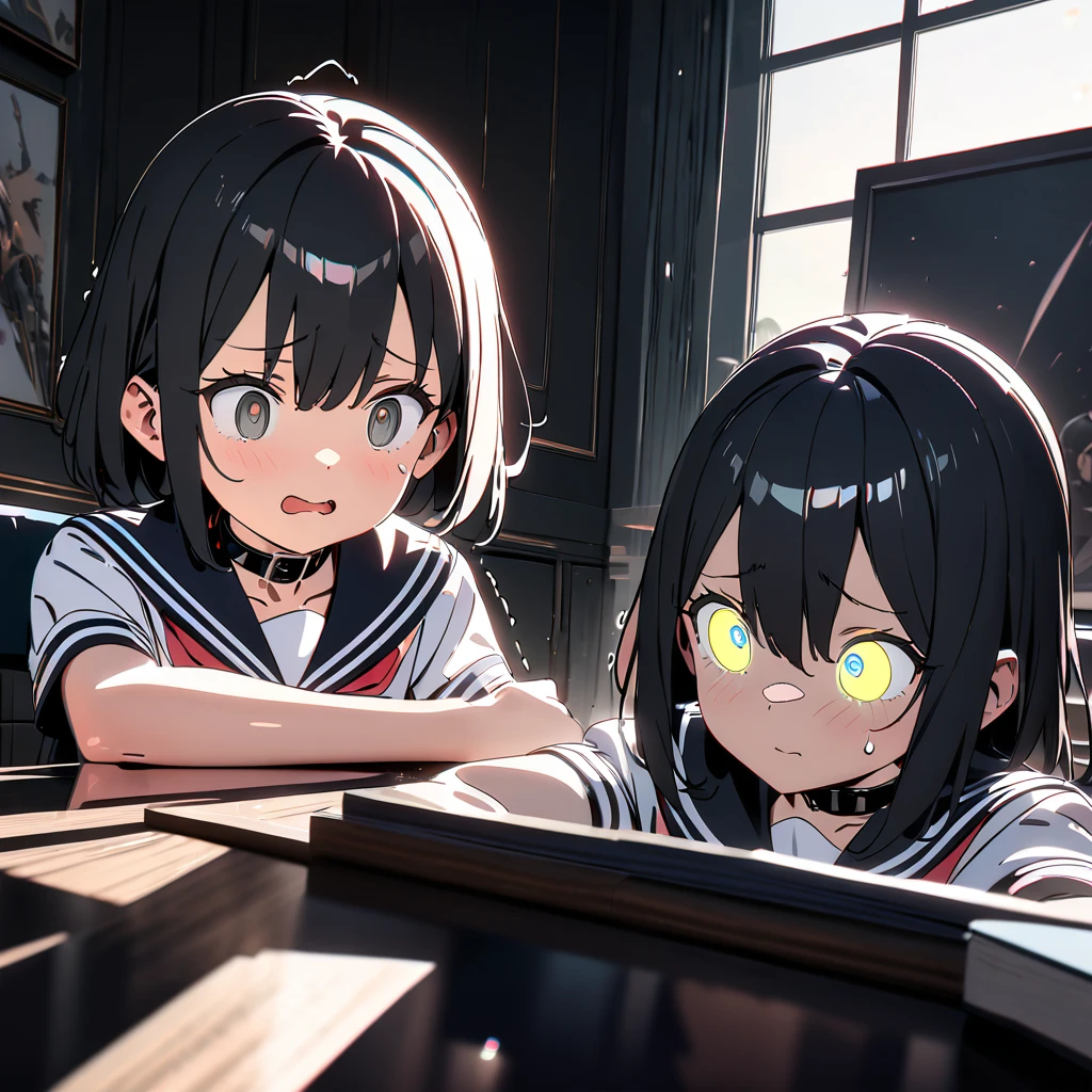 sole girl, sailor uniform, in private study room, trembling, wearing black collar, teary gray eyes, detailed background, detailed arms, tsundere face, long black hair, shiny skin, high resolution, (symmetrical clear eyes:1.2), sense of depth, 4k, best quality, masterpiece, detailed illustration, destructive art, (ray tracing, Illustrated, reflected light)