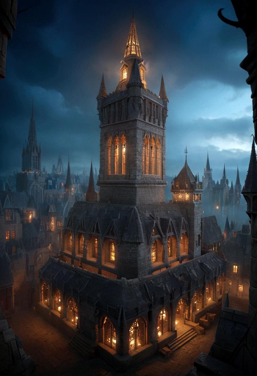 beautiful intricate magical wizard's enchanted tower, detailed fantasy architecture, intricate spires and towers, glowing magical runes and symbols, dramatic lighting, moody atmospheric lighting, volumetric fog, cinematic angle, dramatic shadows, highly detailed, 8K, photorealistic, masterpiece, intricate textures, ornate decorations, fantasy art