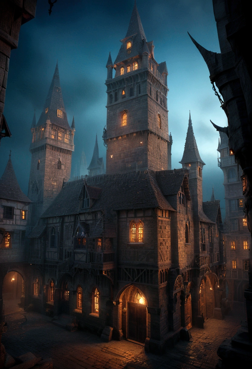 beautiful intricate magical wizard's enchanted tower, detailed fantasy architecture, intricate spires and towers, glowing magical runes and symbols, dramatic lighting, moody atmospheric lighting, volumetric fog, cinematic angle, dramatic shadows, highly detailed, 8K, photorealistic, masterpiece, intricate textures, ornate decorations, fantasy art