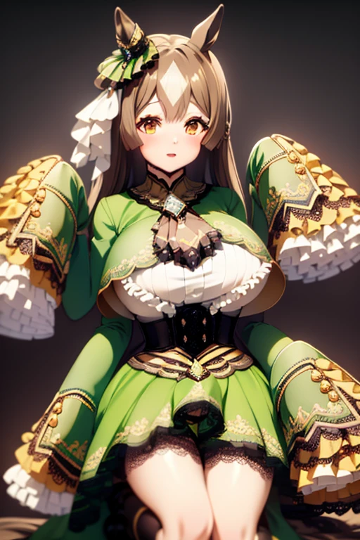 (masterpiece),(Highest quality:1.0), (Ultra-high resolution:1.0), Detailed illustrations, 8K, Pretty face, Big Breasts、Plump、Plump、noon、Anime Style、Frills, Black Ascot, Green Dress, (Sleeves are longer than the wrist:1.2), Black knee socks、whole body