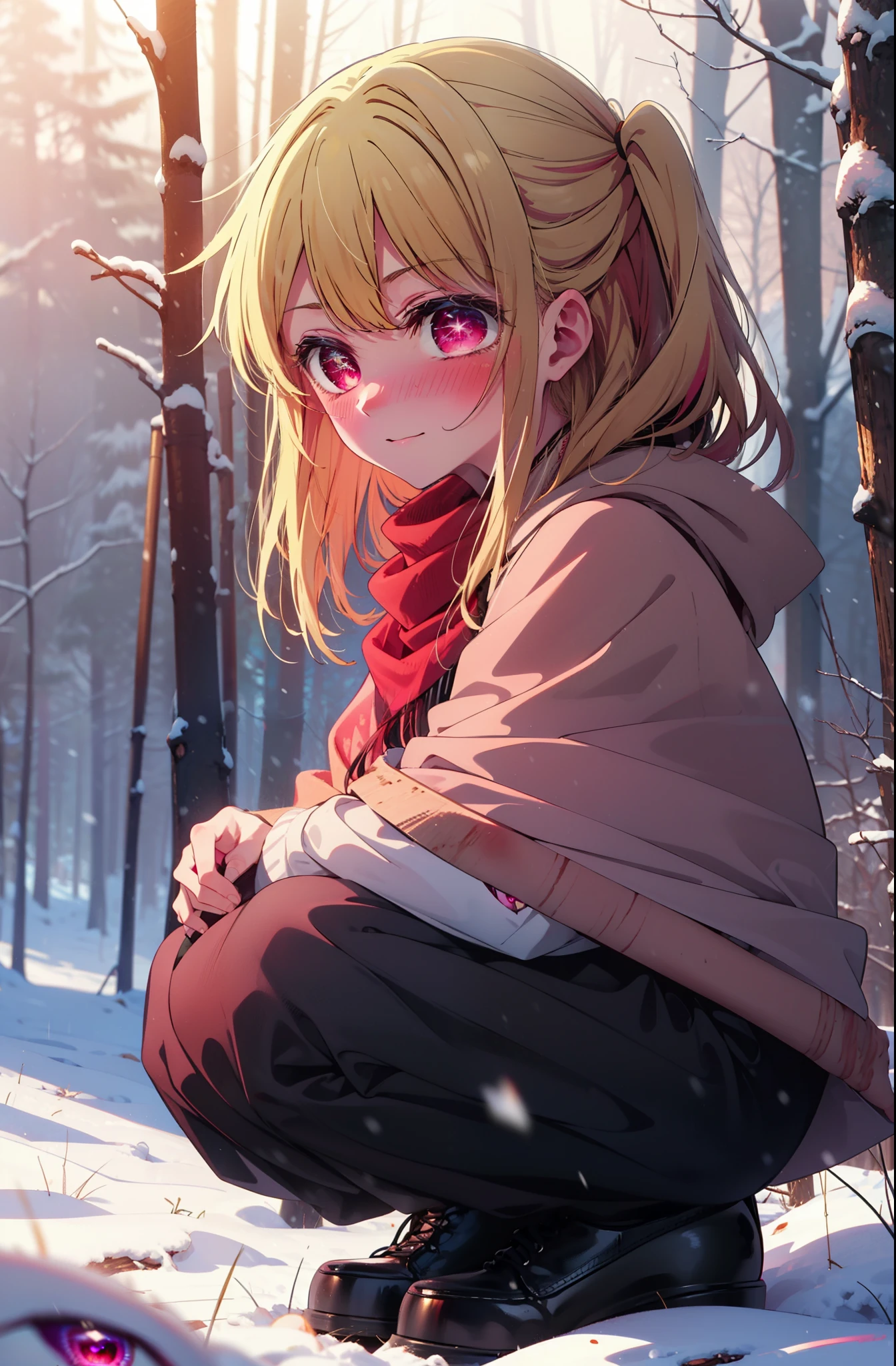 rubyhoshino, Hoshino Ruby, Long Hair, bangs, Blonde, (Pink Eyes:1.3), (Symbol-shaped pupil:1.5), Multicolored Hair, Two-tone hair, smile,blush,White Breath,
Open your mouth,snow,Ground bonfire, Outdoor, boots, snowing, From the side, wood, suitcase, Cape, Blurred, , forest, White handbag, nature, Squat, Mouth closed, Cape, winter, Written boundary depth, Black shoes, red Cape break looking at viewer, Upper Body, whole body, break Outdoor, forest, nature, break (masterpiece:1.2), Highest quality, High resolution, unity 8k wallpaper, (shape:0.8), (Beautiful and beautiful eyes:1.6), Highly detailed face, Perfect lighting, Highly detailed CG, (Perfect hands, Perfect Anatomy),