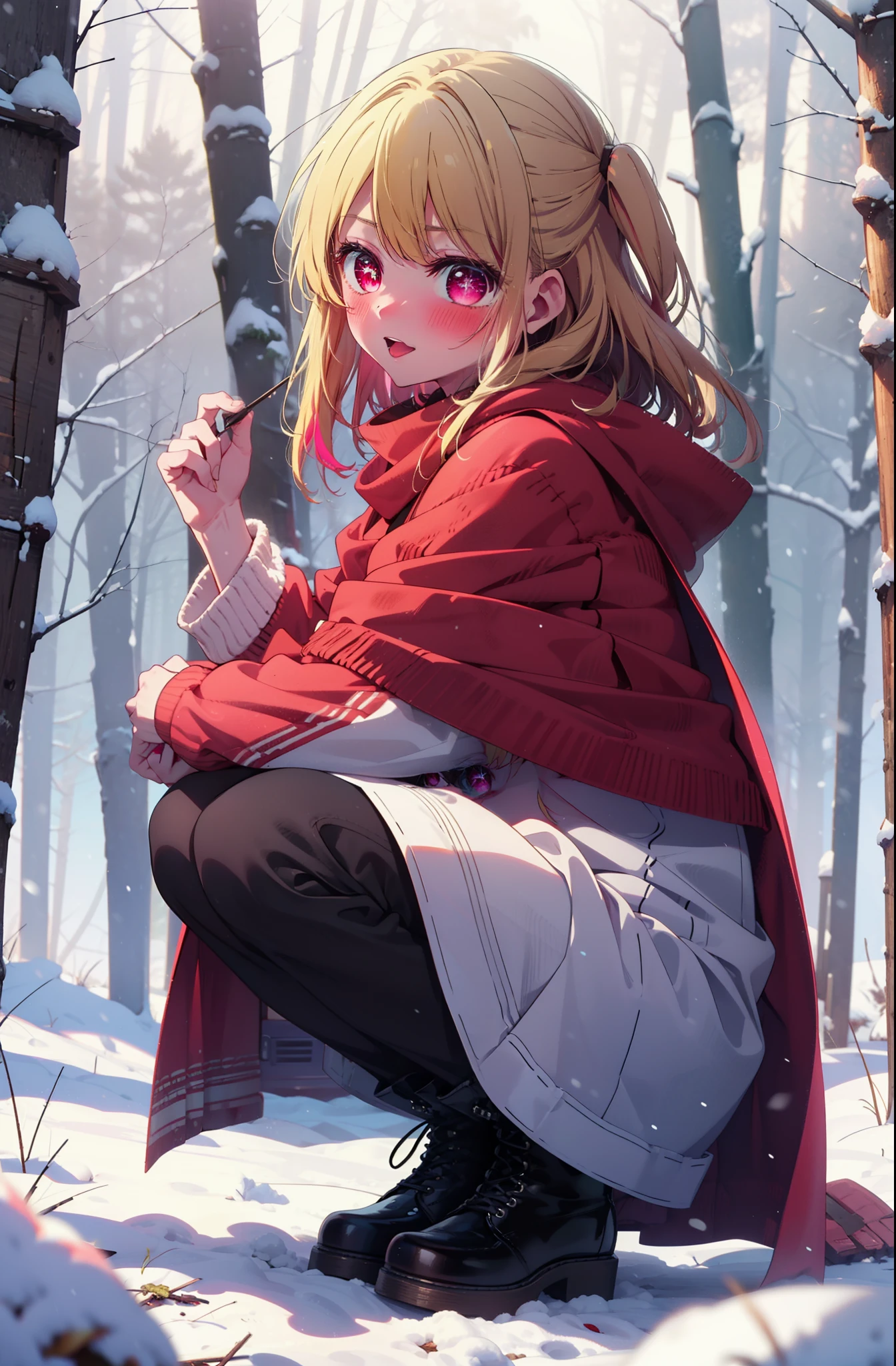 rubyhoshino, Hoshino Ruby, Long Hair, bangs, Blonde, (Pink Eyes:1.3), (Symbol-shaped pupil:1.5), Multicolored Hair, Two-tone hair, smile,blush,White Breath,
Open your mouth,snow,Ground bonfire, Outdoor, boots, snowing, From the side, wood, suitcase, Cape, Blurred, , forest, White handbag, nature, Squat, Mouth closed, Cape, winter, Written boundary depth, Black shoes, red Cape break looking at viewer, Upper Body, whole body, break Outdoor, forest, nature, break (masterpiece:1.2), Highest quality, High resolution, unity 8k wallpaper, (shape:0.8), (Beautiful and beautiful eyes:1.6), Highly detailed face, Perfect lighting, Highly detailed CG, (Perfect hands, Perfect Anatomy),