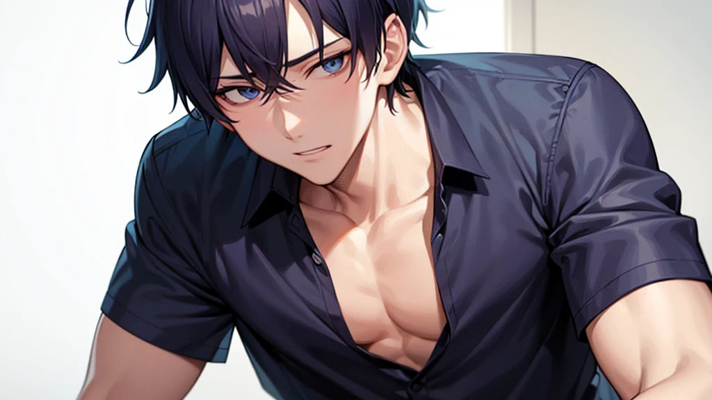 a close up of a person with a shirt on and a shirt on, handsome anime pose, anime handsome man, manga style of kentaro miura, handsome japanese demon boy, sui ishida art manga, kentaro miura manga style, muscular!!, kentaro miura manga art style, tall anime guy with blue eyes, yaoi, oppai, man, boy, sex, He is feeling flushed, ikemen, missionary position sex, he is sexy, nsfw, aroused during sex, hot