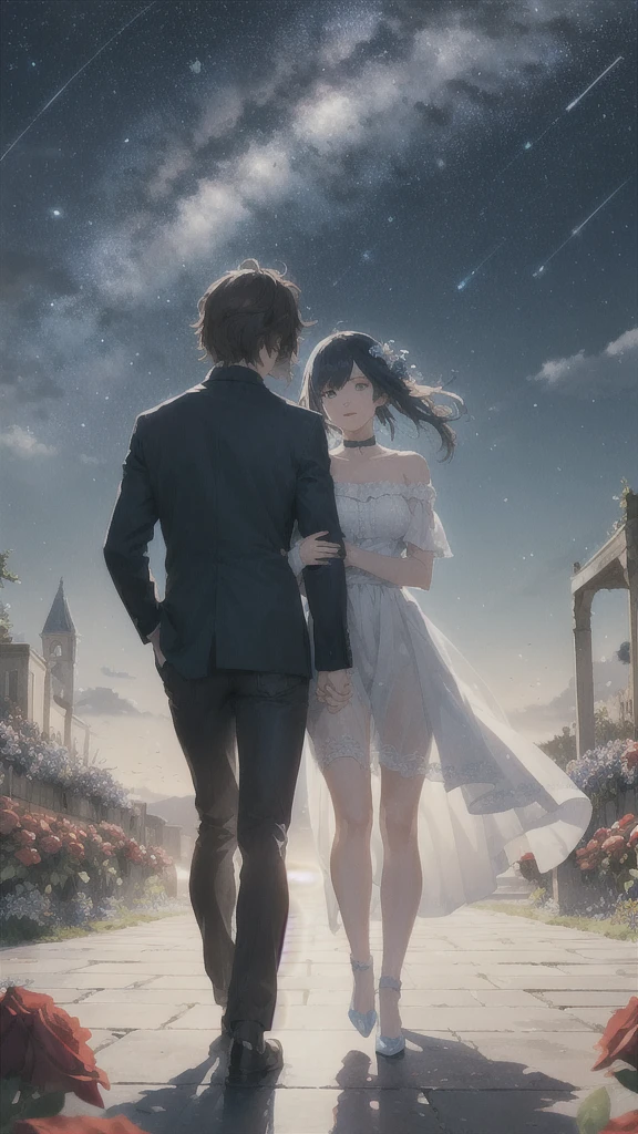 Behance HD, meteors, comets, shooting stars, sadness, ugliness, pain, romantic atmosphere, couple cuddling, strolling through a sea of roses, under a blue sky with white clouds, feel the romantic theme of Valentine’s Day.
