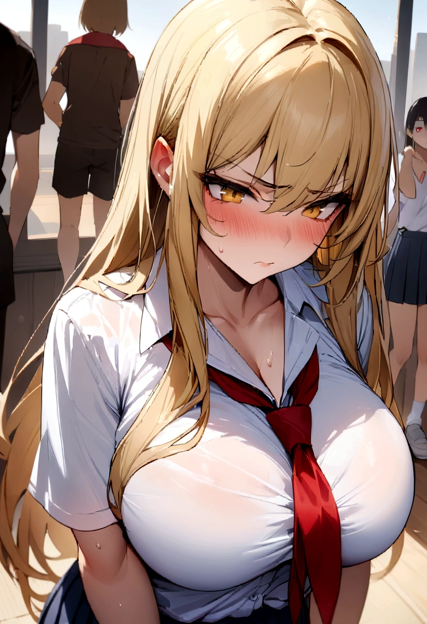 masterpiece、Highest quality、Best image quality、High resolution、Big Breasts、、School-Uniform、Red tie、Summer clothes、Blonde、Yellow Eyes、Long Hair、Bad mood