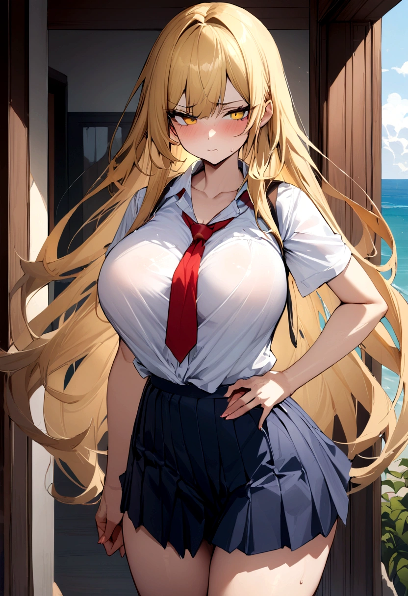 masterpiece、Highest quality、Best image quality、High resolution、Big Breasts、、School-Uniform、Red tie、Summer clothes、Blonde、Yellow Eyes、Long Hair、Bad mood