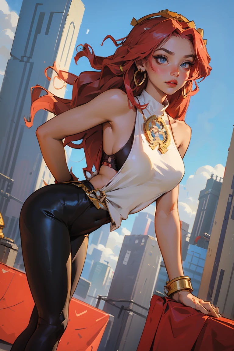 Goddess ((goddess-like woman)), slim, elegant silhouette, masterpiece, (close angle), best quality, cute face, (masterpiece:1,2, best quality), (real picture, intricate details), ( 1 lady, solo, medium tits, narrow waist, (long hair), a woman with long hair, red hair, long wavy red hair, green eyes, she has an impressive presence., bracelet, hoop earrings, jewelry, beautiful face, beautiful eyes, she looks the Viewer, she is wearing a cream tank top with thin gold straps, cropped waist, black long leggings, tank top with thin gold straps, black leggings, boots, sweet irresistible smile, elegant pose, elegant hands, beautiful hands, perfect fingers, background: her stands in a big city, a busy city, a dance club, outside, blue sky,