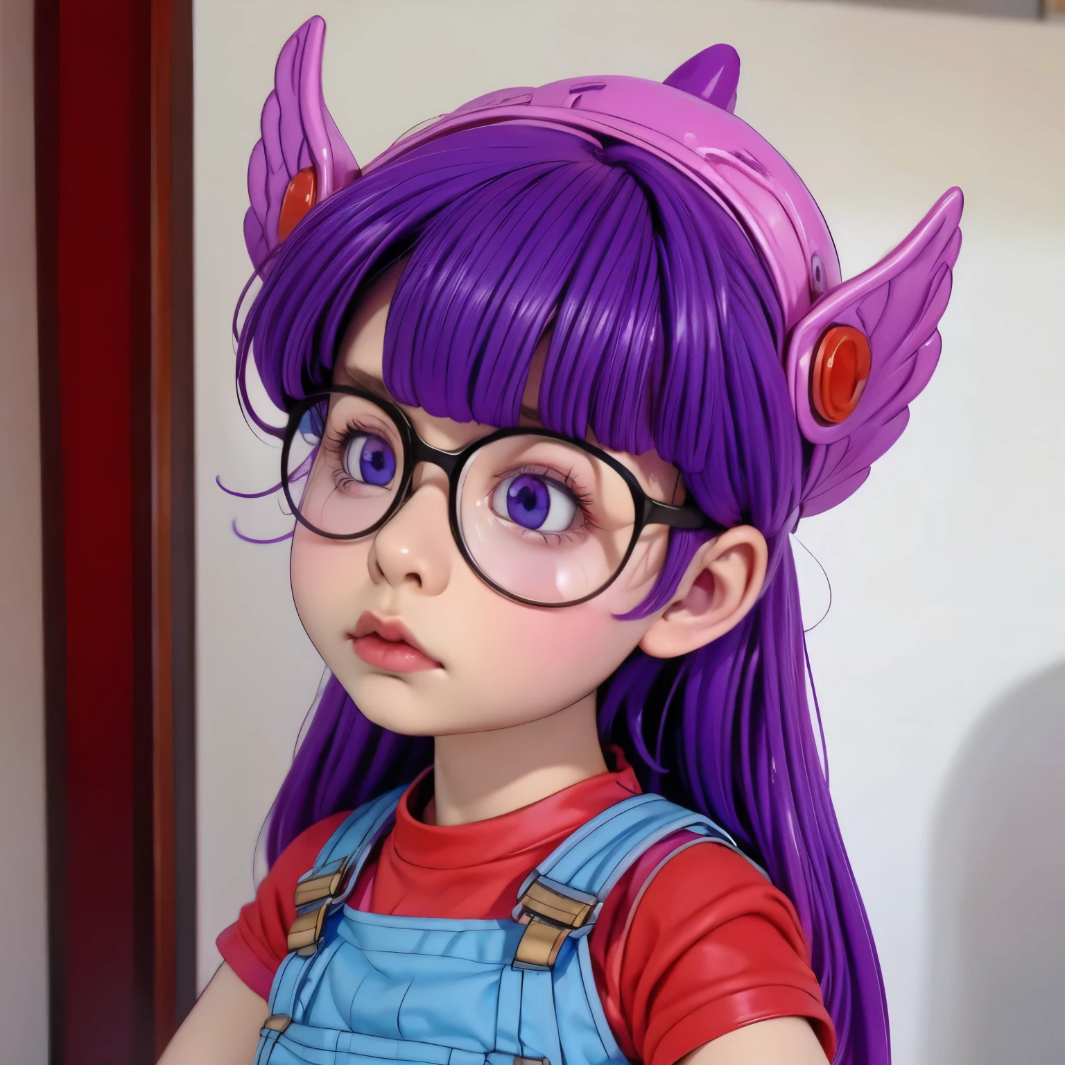 arale, glasses, blue eyes, long hair,purple hair, short sleeves, wing hat, wing cap, red shirt, blue overalls, robot girl