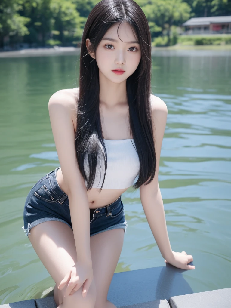 Korean woman teenage, Little smile, long black and pink hair, wear white strapless, cropped waist shirt Sleeveless, sleeveless. black denim short, Showing the skin of the legs, black boots, pose, Sexy post on the lake, mountain ,