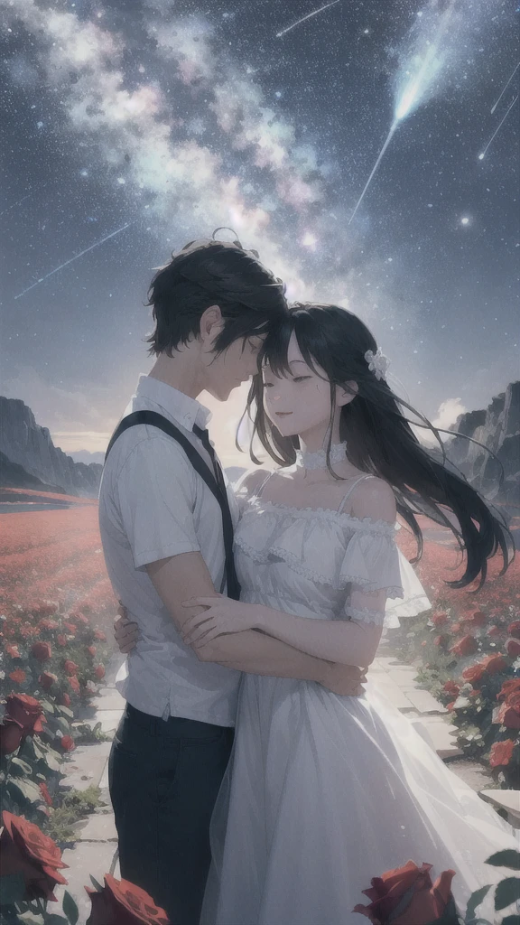 8k, meteors, comets, shooting stars, sadness, ugliness, pain, romantic atmosphere, couple cuddling, strolling through a sea of roses, under a blue sky with white clouds, feel the romantic theme of Valentine’s Day.