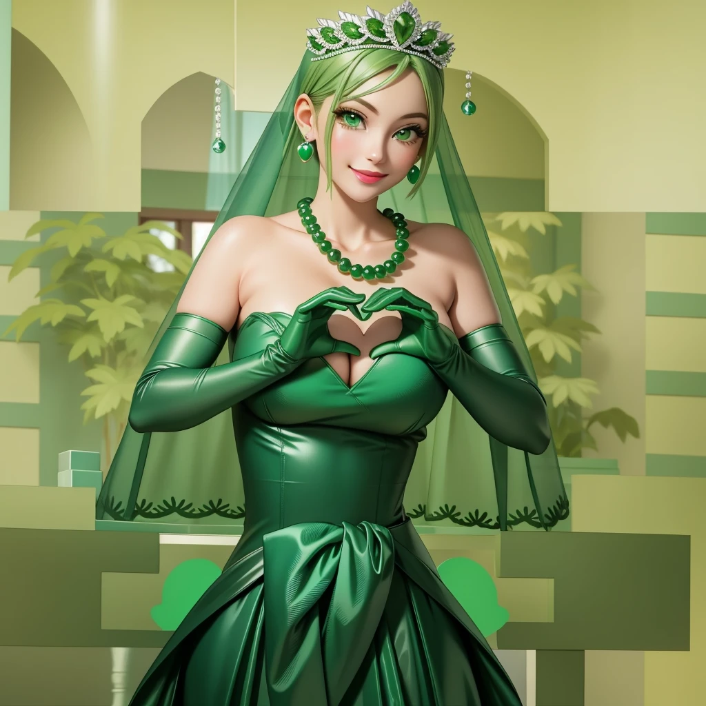 Emerald tiara, Green Pearl Necklace, ボーイッシュな非常に短いGreen Hair, Green Lips, Smiling Japanese woman, Very short hair, Busty beautiful lady, Green Eyes, Green satin long gloves, Green Eyes, Emerald Earrings, Green veil, Heart with both hands, Green Hair, Beautiful Japanese Women, Heart shaped hands:1.3, green lip gloss