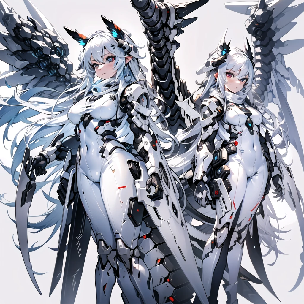 masterpiece, highest quality, highest resolution, clear_image, detailed details, White hair, long hair, cat ears, 1 girl, red eyes, white pantyhose, sci-fi military clothing, white scarf (white scarf around the neck with a light blue glow), gray futuristic halo (gray halo over the head), white wings (4 wings), cute, fulld body, no water marks, outer space