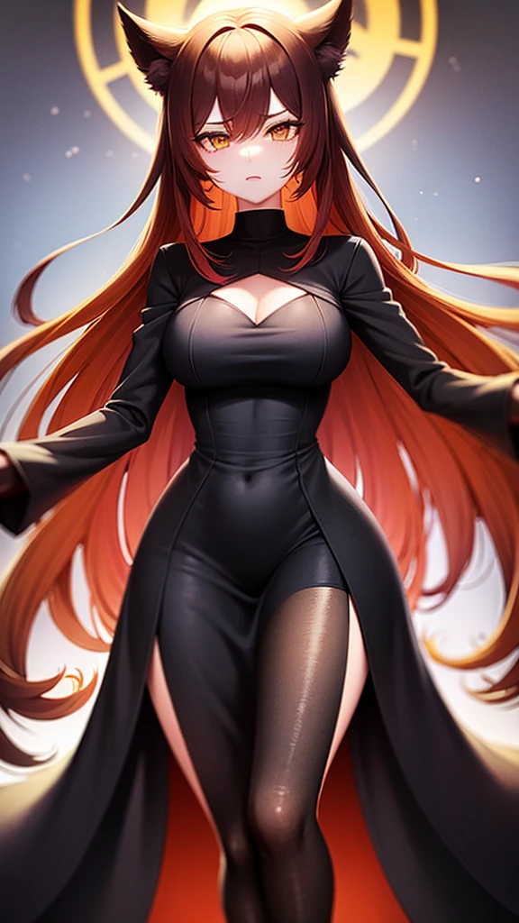 a tall female figure wearing a short black dress that fits her body perfectly. Her hair is long and golden in color., with fiery red and yellow locks. His eyes are a deep, fiery red and his expression is severe and determined.. His hands are clenched into fists and his legs are engulfed in flame-like energy..