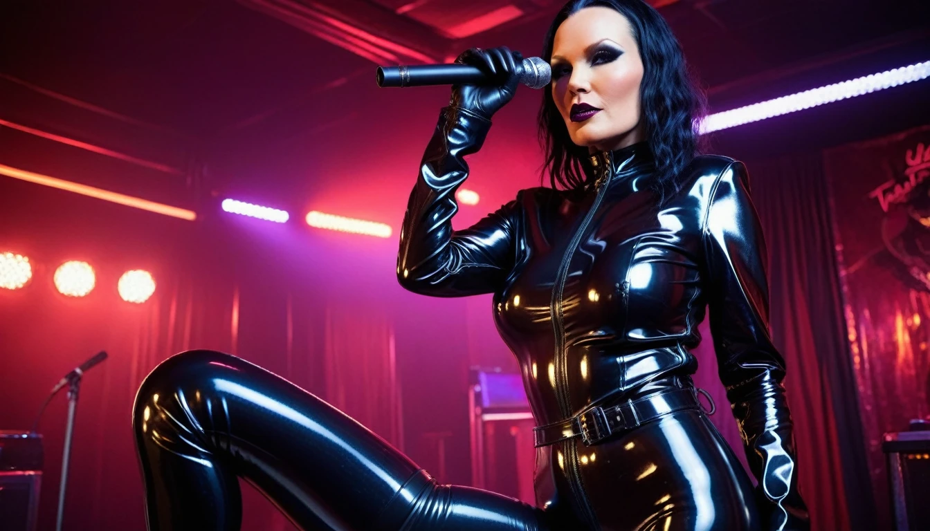 realistic raw nsfw porn photo , Tarja Turunen standing nude breasts nude sex , wearing black low-cut shinny pvc catsuit , shinny pvc jacket , wearing long shiny pvc gloves , wearing shinny pvc thigh high boots , in cyberpunk fetish strip club