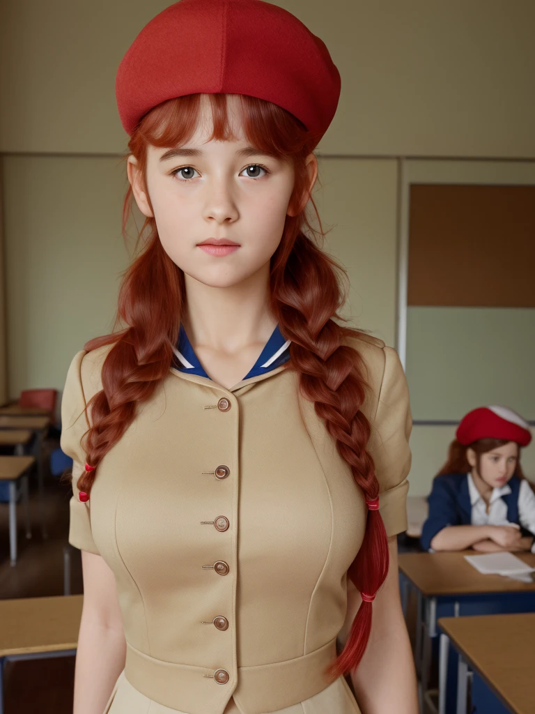 (best quality,4k,8k,highres,masterpiece:1.2),ultra-detailed,(realistic,photorealistic,photo-realistic:1.37), ((a girl in classroom, she wears uniform and beret, shy, braided red hair)), ((slim body, very large bust size for her young age))