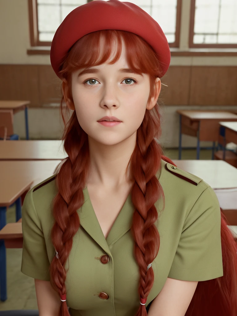 (best quality,4k,8k,highres,masterpiece:1.2),ultra-detailed,(realistic,photorealistic,photo-realistic:1.37), ((a girl in classroom, she wears uniform and beret, shy, braided red hair)), ((slim body, very large bust size for her young age))