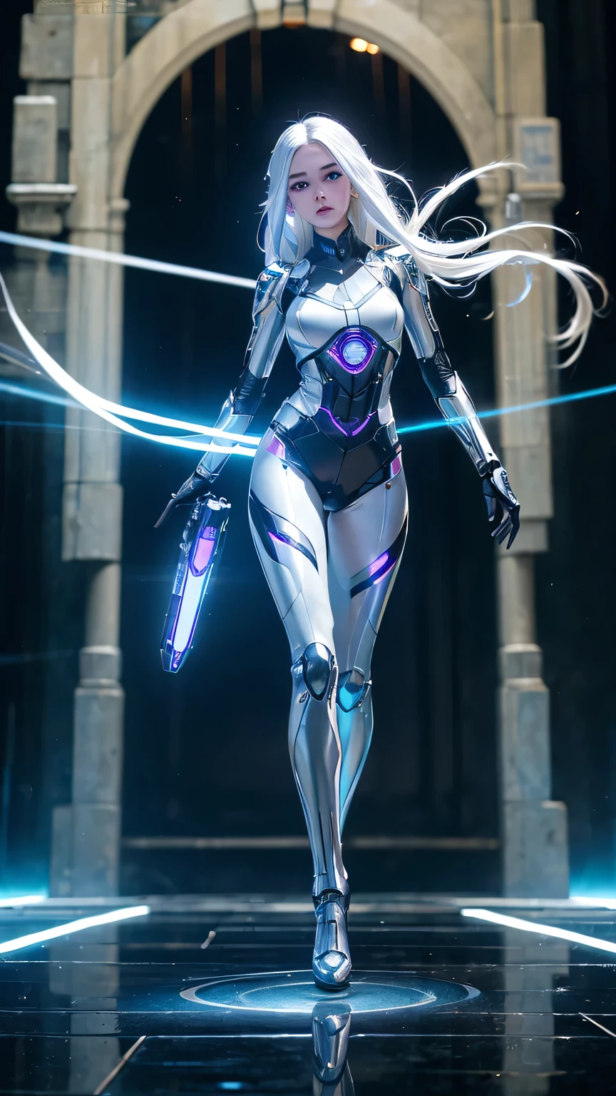 1girl, ultra realistic, ultra crisp, NVIDIA RTX, unreal engine, perfect slim body, realistic face, perfect face, realistic body, ultra skin details, ultra skin reflection details, white hair, hair blown with strong winds, hyper lights rendering, ultra details, glowing eyes, purple eyes, blush, parted lips, cybernetic ear, cinematic lights, glowing cybernetic metalic hands, glowing cybernetic metalic legs, luminous cybernetic futuristic metalic mechanical body, ultra realistic lights reflection details, ((full body shown)), from below, posing in the middle.