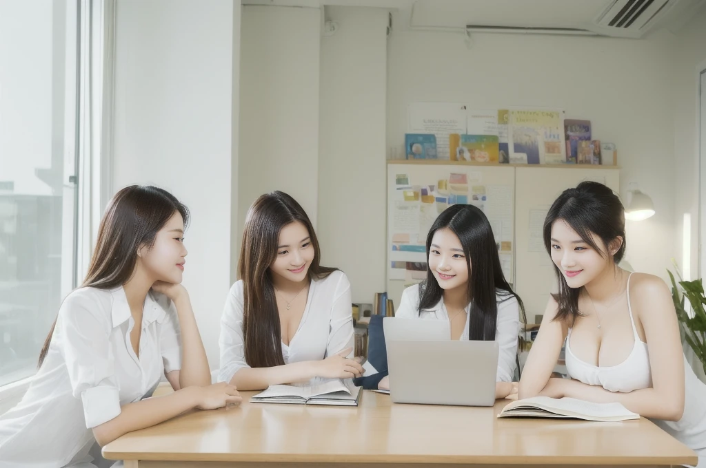 3 sexy women,three students sitting at a table with books and a laptop, college students, student, Study in a brightly lit room., in the bedroom, The group sat at a table., in the background, นั่งอยู่in the bedroom,
