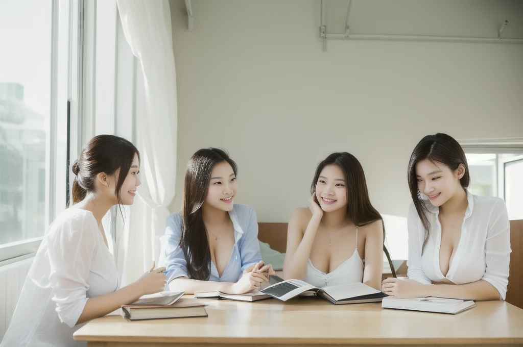 3 sexy women,three students sitting at a table with books and a laptop, college students, student, Study in a brightly lit room., in the bedroom, The group sat at a table., in the background, นั่งอยู่in the bedroom, 