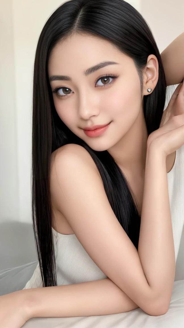 professional portrait of Ayu Putri, a 22-year-old Indonesian woman with a unique blend of Japanese and Indonesian features. Her face is characterized by a smooth, fair complexion, often described as the dream skin of many Asian girls. Ayu's flawless, porcelain skin has a radiant glow, capturing the essence of Japanese beauty standards. Her almond-shaped eyes are slightly upturned and framed by long, thick eyelashes, accentuating her expressive gaze. She has naturally arched eyebrows, a delicate, slightly pointed nose, and full, rosy lips that form a warm, inviting smile. Her silky black hair is straight and neatly styled to perfectly frame her face.