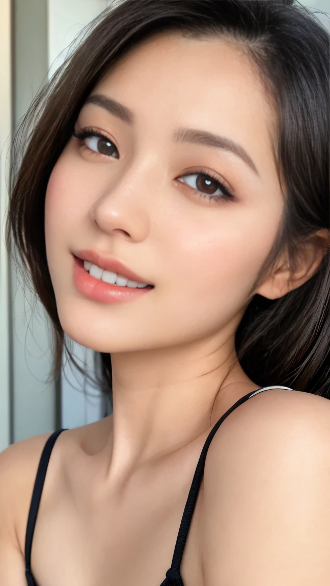 professional portrait of Ayu Putri, a 22-year-old Indonesian woman with a unique blend of Japanese and Indonesian features. Her face is characterized by a smooth, fair complexion, often described as the dream skin of many Asian girls. Ayu's flawless, porcelain skin has a radiant glow, capturing the essence of Japanese beauty standards. Her almond-shaped eyes are slightly upturned and framed by long, thick eyelashes, accentuating her expressive gaze. She has naturally arched eyebrows, a delicate, slightly pointed nose, and full, rosy lips that form a warm, inviting smile. Her silky black hair is straight and neatly styled to perfectly frame her face.