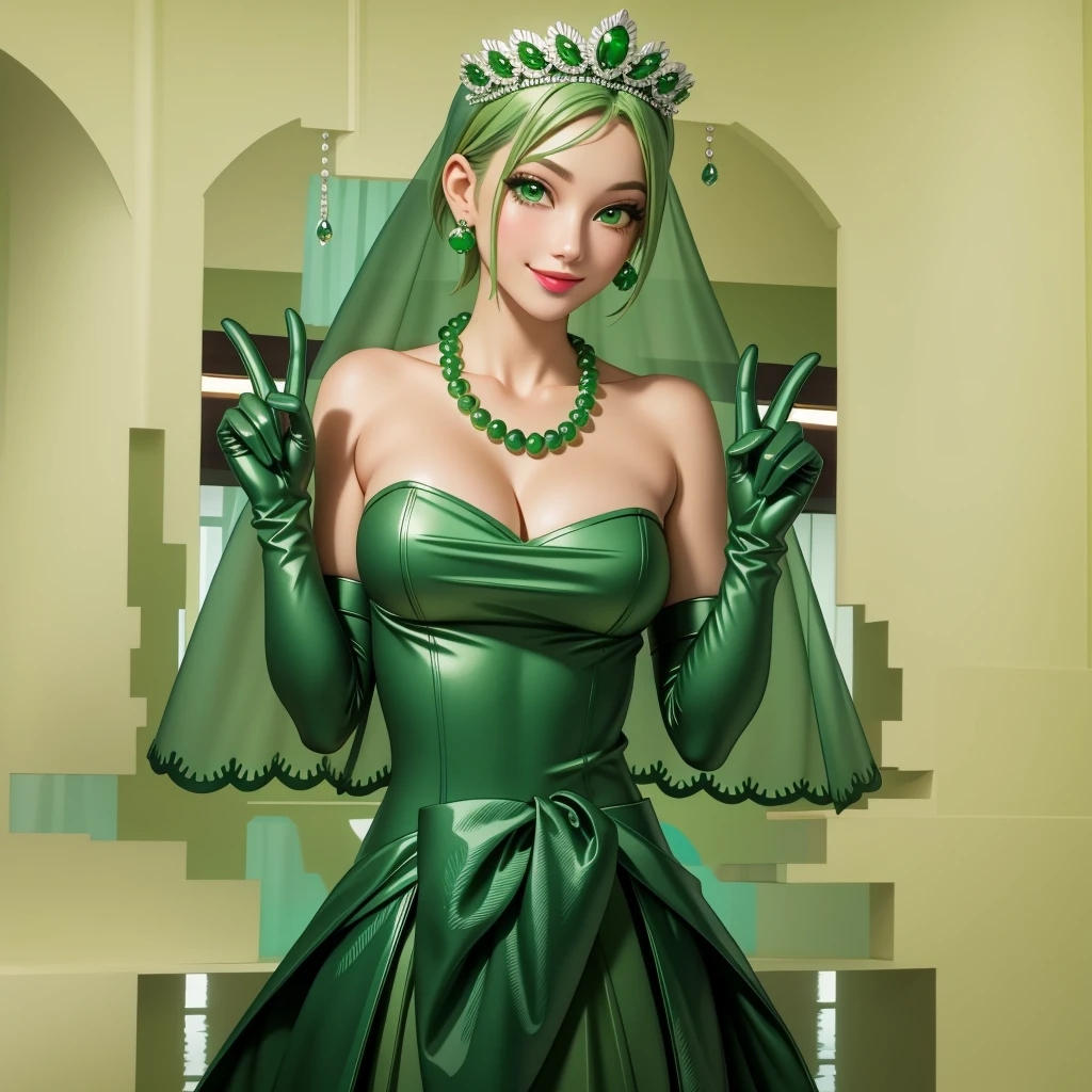 Emerald tiara, Green Pearl Necklace, ボーイッシュな非常に短いGreen Hair, Green Lips, Smiling Japanese woman, Very short hair, Busty beautiful lady, Green Eyes, Green satin long gloves, Green Eyes, Emerald Earrings, Green veil, Vseyin, Green Hair, Beautiful Japanese Woman, green lip gloss