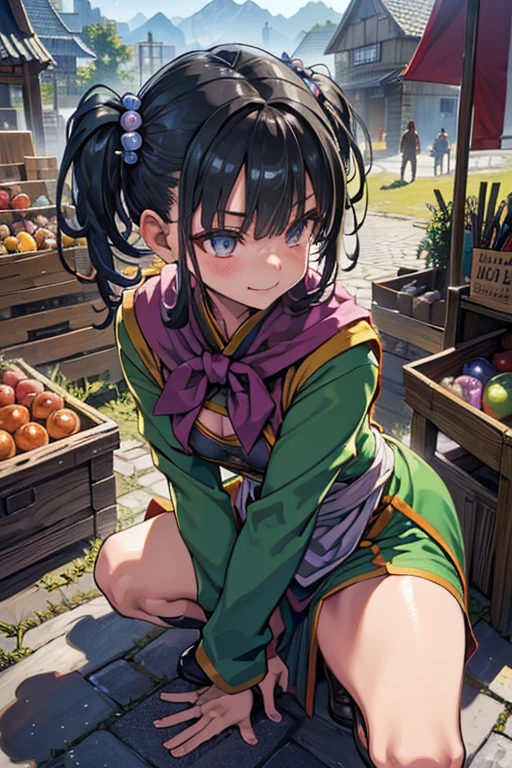 (from above),((close up head)),fighter \(dq3\),,dq3,Female Warrior,((Highest quality)), ((masterpiece)),(detailed),High resolution,Sharp focus,Perfect Face,{best illustration},(complete anatomy),
shiny 肌,very shiny 肌,Shiny body,plastic glitter 肌,exaggerated shiny 肌,illuminated skin,curvy,
(非常にdetailed CG unity 8k wallpaper),(((Vibrant colors))),Sharp Eye,Medium chest,(Perfect body,Perfect ,Perfect Fingers),
Official Art 1 Girl,Twin tails,Black Hair,Dark Eyes, hair ornaments,Hair Bobble,
Muscular,Firm Abdomen,Long legs,
Long sleeve,dress, Medium chest,Green Chinese Clothing, Hair Bobble, Green Trail Clothes,
squatting, spread legs, Put one hand in your hair, Conceited expression,Mischievous Smile, Fantasy game world,(Old European street),(Medieval Market),Fascinating market stalls,Cobblestone Street,Magical artifacts and potions,A large amount of food is lined up,