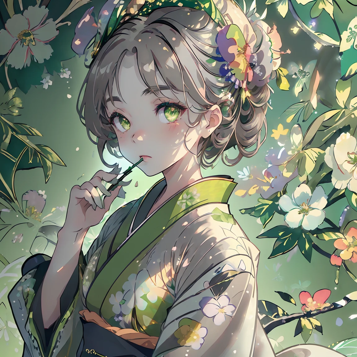 watercolor paiting、(((green floral background:1.3)))、Best Quality, masutepiece, High resolution, (((1girl in))), sixteen years old,(((Eyes are gray:1.3)))、black hair,green kimono,((beautiful green kimono)), Tindall Effect, Realistic, Shadow Studio,Ultramarine Lighting, dual-tone lighting, (High Detail Skins: 1.2)、Pale colored lighting、Dark lighting、 Digital SLR, Photo, High resolution, 4K, 8K, Background blur,Fade out beautifully、green flower world white background