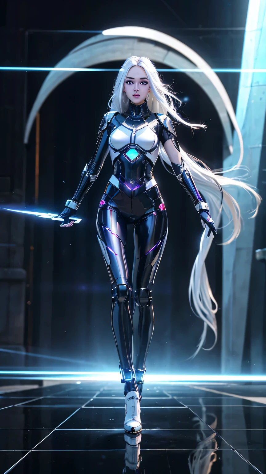1girl, ultra realistic, ultra crisp, NVIDIA RTX, unreal engine, perfect slim body, realistic face, perfect face, realistic body, ultra skin details, ultra skin reflection details, white hair, hair blown with strong winds, hyper lights rendering, ultra details, glowing eyes, purple eyes, blush, parted lips, cybernetic ear, cybernetic metalic hands, cybernetic metalic legs, luminous cybernetic futuristic metalic mechanical body, ultra realistic lights reflection details, ((full body shown)), from below, posing in the middle.