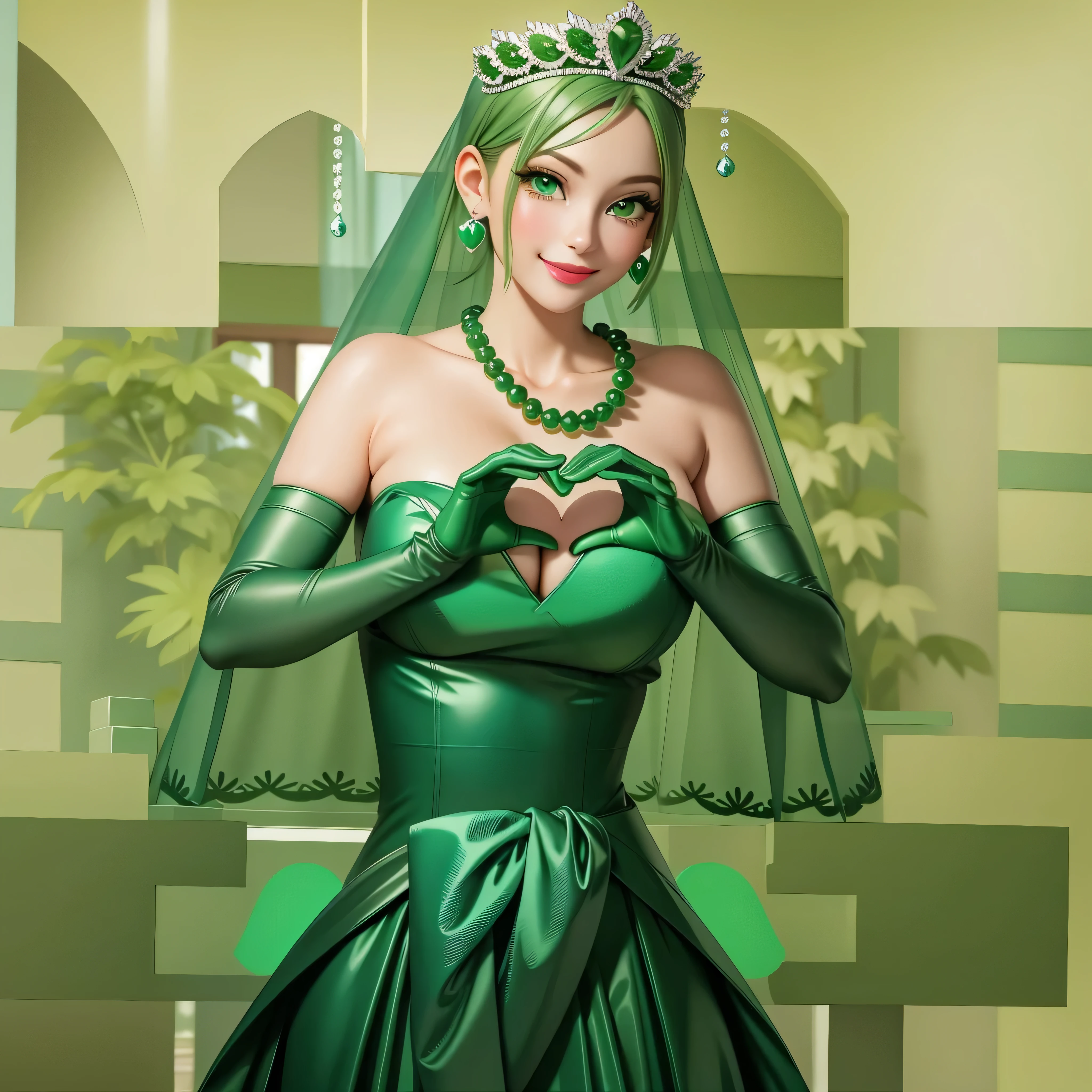 emerald tiara, Green Pearl Necklace, Boyish very short green hair, Green Lips, Smiling Japanese woman, Very short hair, Busty beautiful lady, Green Eyes, Green satin long gloves, Green Eyes, Emerald Earrings, Green veil, Heart with both hands, Green Hair, Beautiful Japanese Women, Heart shaped hands:1.3, green lip gloss