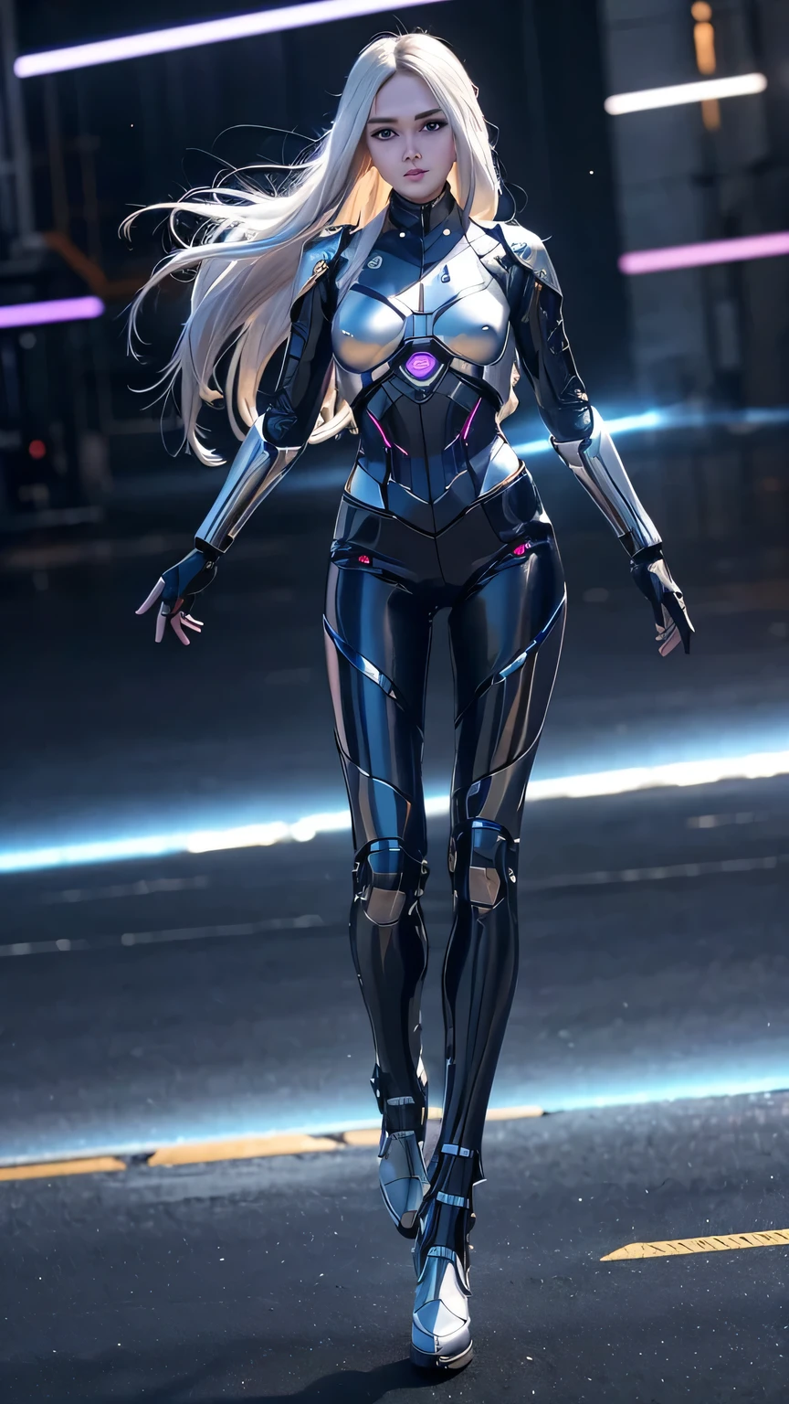 1girl, ultra realistic, ultra crisp, NVIDIA RTX, unreal engine, perfect slim body, realistic face, perfect face, realistic body, epic skin details, white hair, hair blown with strong winds, hyper rendering, ultra details, glowing eyes, purple eyes, blush, parted lips, cybernetic ear, cybernetic metalic hands, cybernetic metalic legs, luminous cybernetic futuristic metalic mechanical body, ultra realistic lights reflection details, ((full body shown)), from below, posing in the middle.