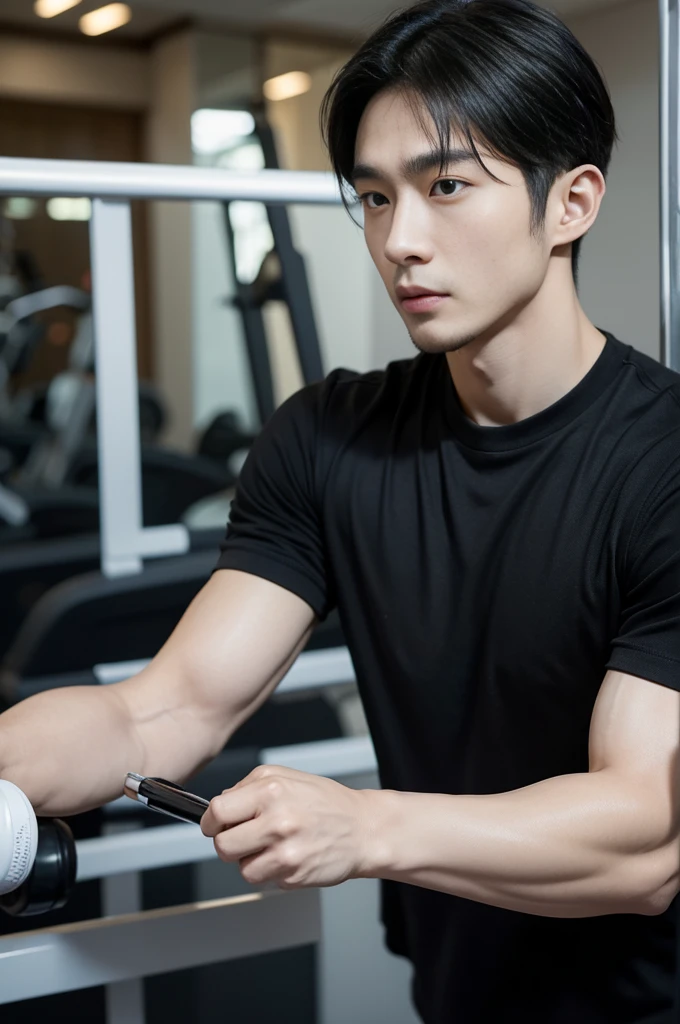 Korean man, Inspiration from Peng Yuyan, 30 years old, 236 years old, Cute Korean Face, 35 yo, 33 year old Korean muscular man,Gym in the background, black t-shirt