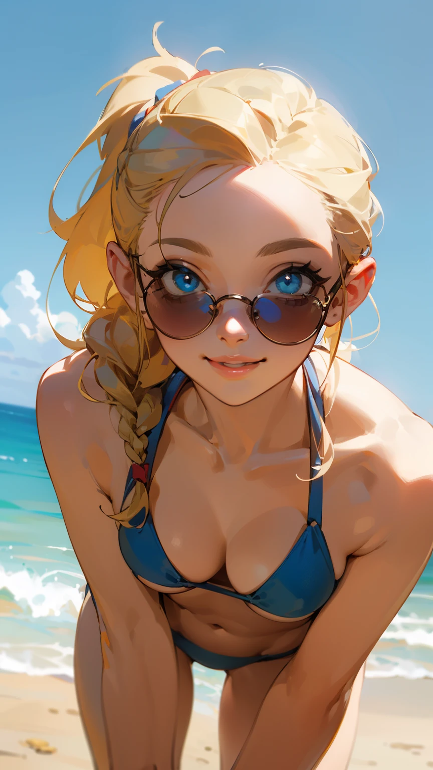 (masterpiece), ((best quality)), (super detailed), (beautiful eyes, beautiful details eyes, Clean and delicate face), Single Braided blonde pony tail, parted bangs, forehead, blue eye, smile, lips apart, wearing bikini, insert sunglasses into cleavage, standing on Summer sandy beach