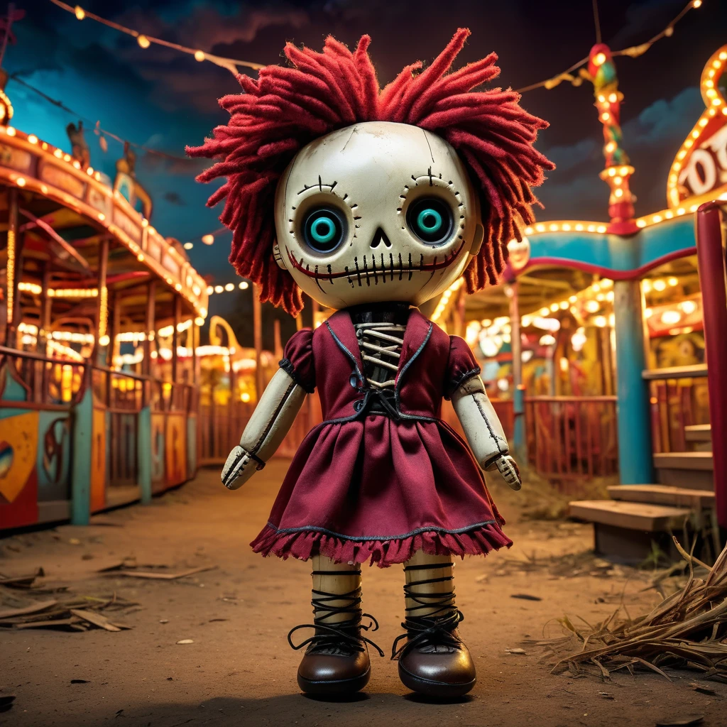 (knitted toy voodoo doll:1.5), (Voodoo Doll in an Abandoned Amusement Park:1.3), (Clothing: vintage attire with carnival patterns:1.0), (Accessories: enchanted ticket emitting nostalgic glow, floating broken rides:1.1), (background: desolate amusement park with rusting rides, overgrown paths, and an eerie atmosphere:1.2), best quality, masterpiece, detailed soft oil painting, detailed background, dramatic cinematic lighting, soft edge lighting, professional, dramatic lighting, hard edge lighting, ultra quality, 4k,masterpiece, best quality, 8k, ultra highres, highres, extremely detailed
