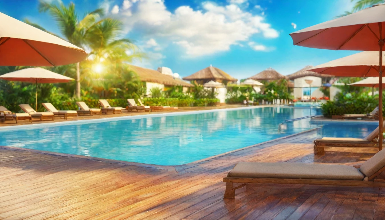 Resort hotels,Pool,Summer sky,noon,Blur the background,Glitter effect,Highest quality, 8K, High resolution, masterpiece:1.2, Very detailed, Realistic:1.37, High resolution, 超High resolution, Ultra-fine painting, Very detailed, Professional, Vibrant colors