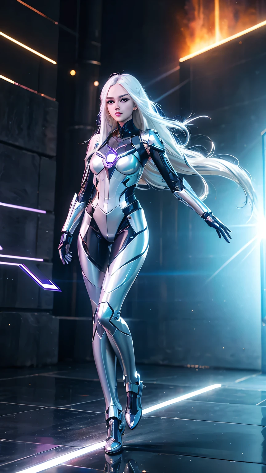 1girl, ultra realistic, ultra crisp, NVIDIA RTX, unreal engine, perfect slim body, realistic face, perfect face, realistic body, epic skin details, white hair, hair blown with strong winds, hyper rendering, ultra details, glowing eyes, purple eyes, blush, parted lips, cybernetic ear, cybernetic metalic hands, cybernetic metalic legs, luminous cybernetic futuristic metalic mechanical body, ultra realistic lights reflection details, ((full body shown)), from below, posing in the middle.