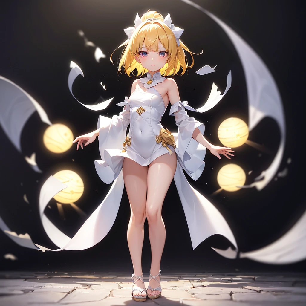 (((White Sandals))),((Luxurious)),(In a naughty way),Cute little ,Tiny ,Small girl,,Childish face, Very fine clean face,Top quality, Big eyes,Straight Hair,Yellow hair,Crimson Eye,(Dark Room), Subtle light, Natural light,Soft lighting,Light from directly behind, (Are standing), Cute pose, (Open your hands), Showing the whole body,Front view,Black background