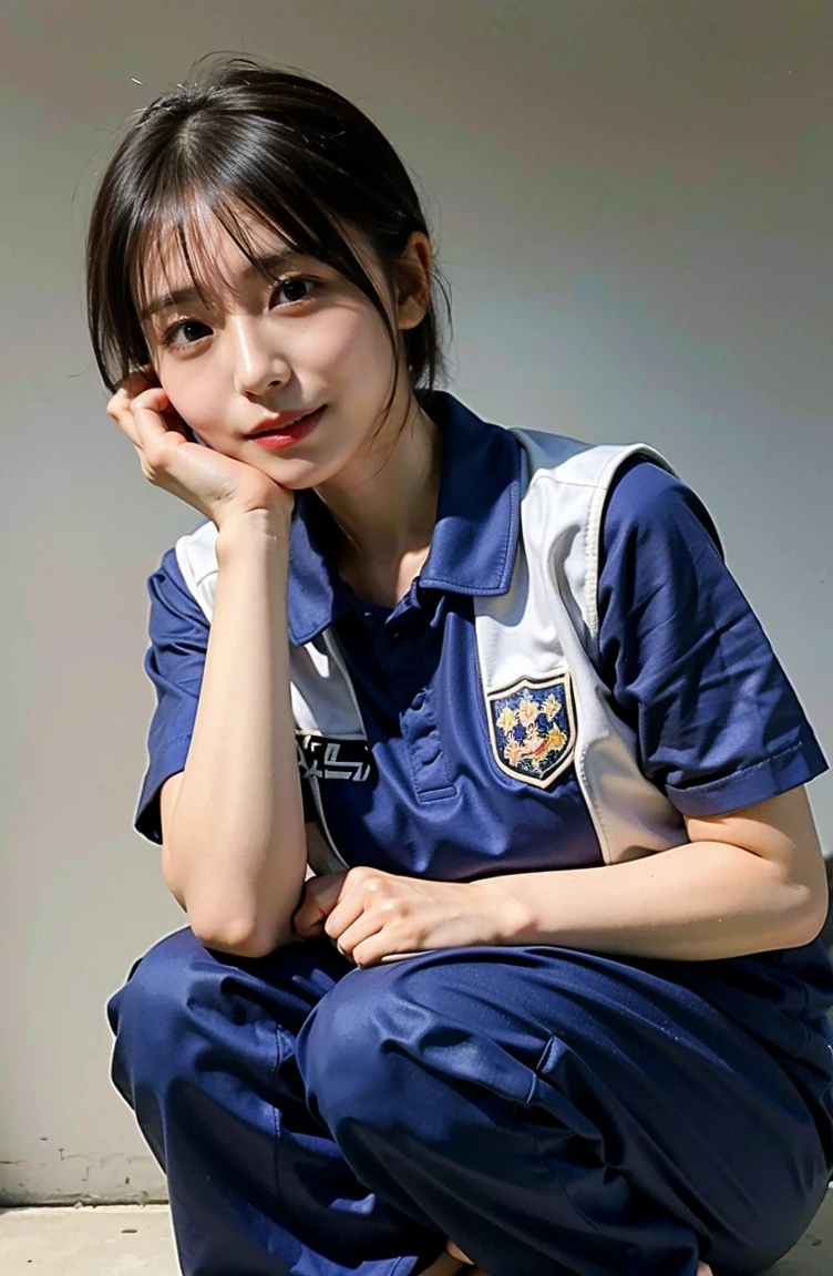 Holding a soccer ball in your hand、Photo at the soccer field、Blue Football Uniform、Japan National Football Team、Big breasts that can be seen even on top of the uniform、Braid only the front hair（（National Stadium））、Full body photo、smile、 Caustics、Highly detailed photos、Very beautiful ideal short hair、Large Breasts、Super no makeup、(8K、RAW Photos、Highest quality、masterpiece:1.2)、(Realistic、Realistic)、1 Girl、((Medium Short Hair、Looking into the camera:1.4))、
