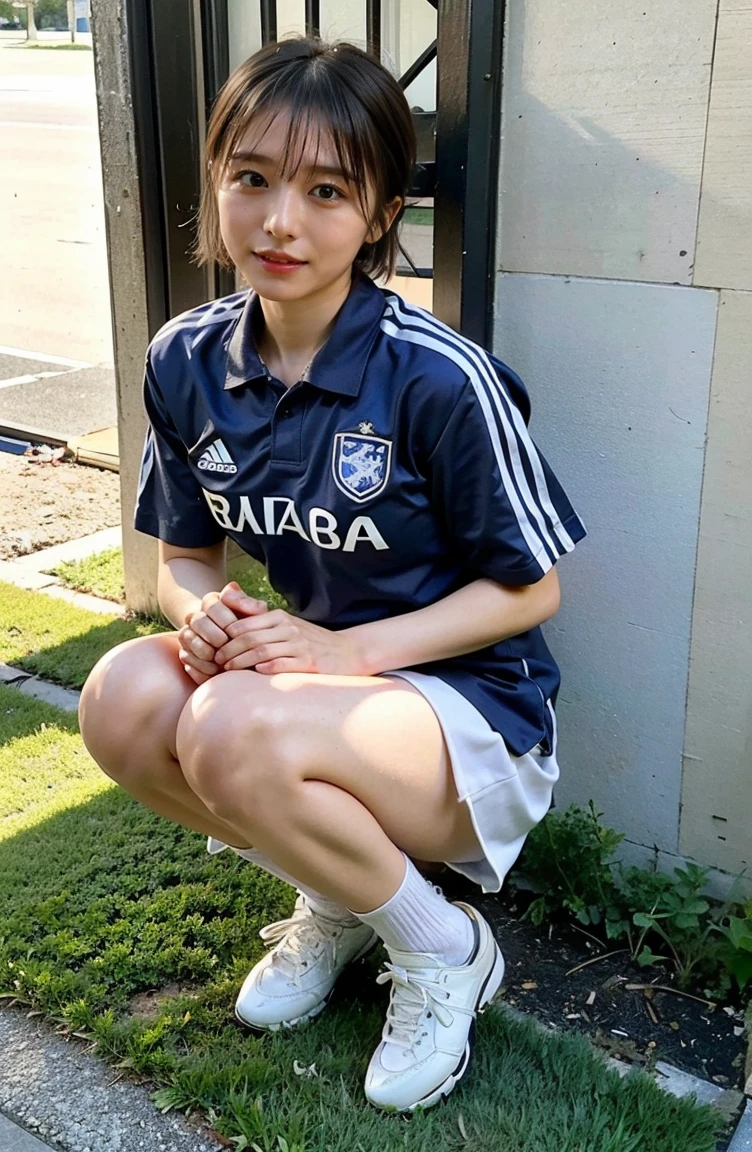 Holding a soccer ball in your hand、A photo at a soccer field、Blue Football Uniform、Japan National Football Team、Big breasts that can be seen even through the uniform、Braided hair only for the bangs((National Stadium))、Full body photo、smile、 Caustics、Highly detailed photos、Very beautiful eyeedium Short Hair、Large Breasts、Super no makeup、(8k、RAW Photos、highest quality、masterpiece:1.2)、(Realistic、Realistic)、1 girl、((Medium Short Hair、Looking into the camera:1.4))、